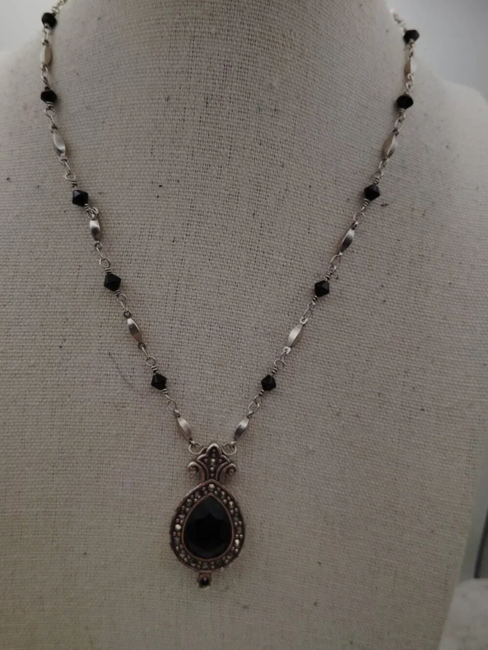 Vintage Brighton Reversible Jet Black Pendant Necklace w/ Marcasite Accents